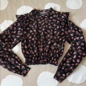 Pull&Bear Black Puff Sleeve Blouse with Ruffled Mandarin Collar
